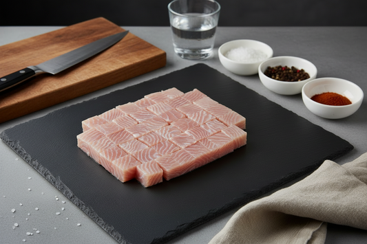 Raw fish fillet on a black slate with lemon slices, rosemary, and peppercorns, featuring nutritional information.
