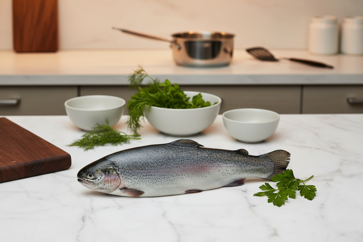 Fresh Himalayan Trout whole fish displayed on a clean, elegant background with nutrient icons and premium taglines, highlighting hygiene, freshness, and VTF’s safe‑food quality standards.