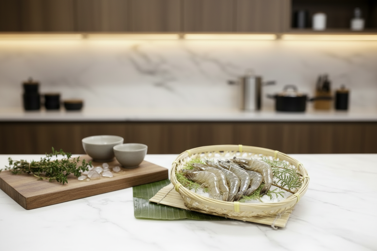 Whole Vannamei shrimp displayed on a clean, elegant background with nutrient icons and premium taglines, highlighting freshness, hygiene, and VTF’s safe‑food quality standards.