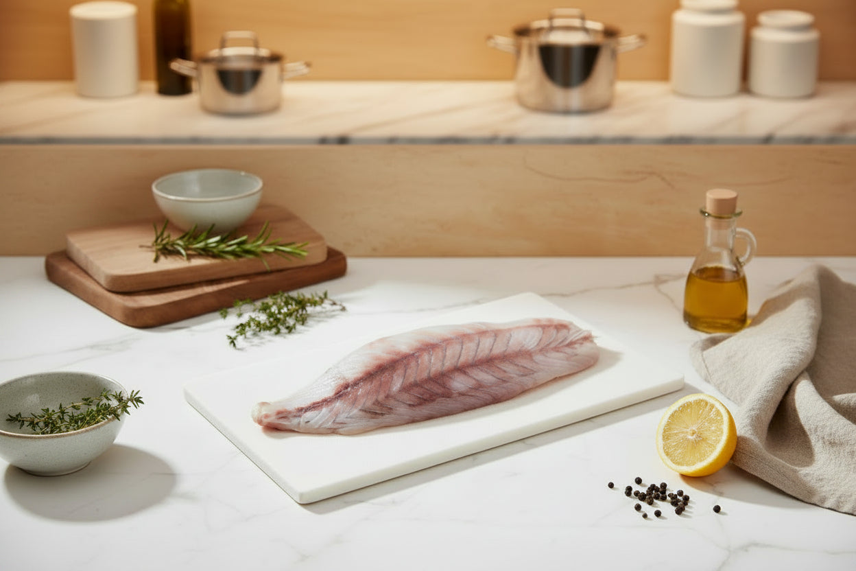 “Asian Seabass boneless fillet placed neatly on a clean plate, showcasing natural white‑pink texture, fresh cut quality, and VTF’s premium hygienic preparation.”